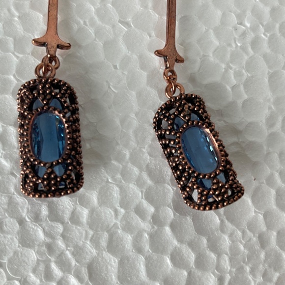 Copper Tone Drop Earrings Pierced with Blue Gemstone - Picture 4 of 6